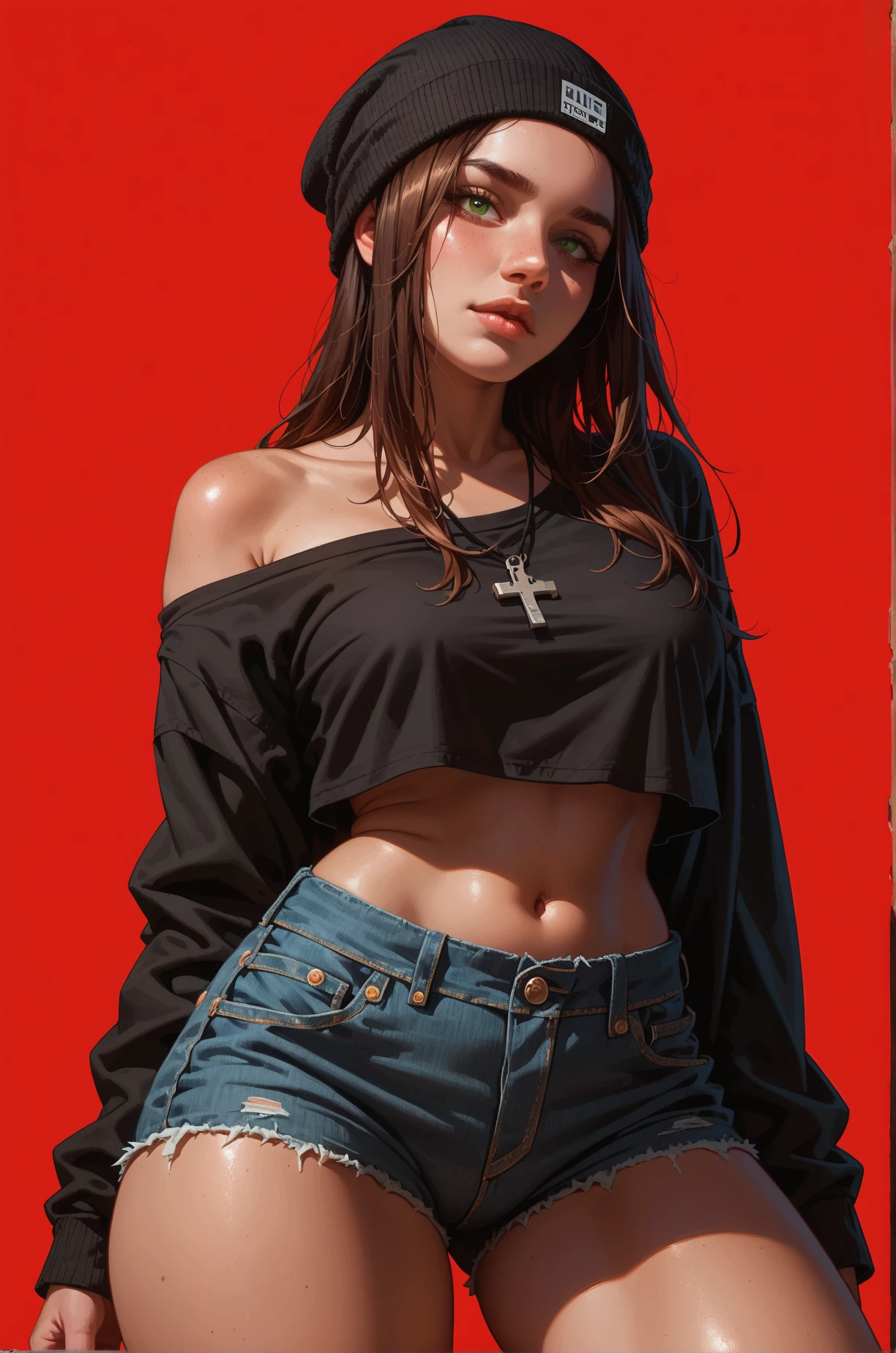 score_9, score_8_up, score_7_up, cartoon of a girl, solo, sexy, slutty, brown skin, hazel green eyes, brown hair, straight hair, black beanie, black off-shoulder shirt, denim shorts, wide hips, atmospheric lighting, moody and gritty, low key lighting, bright red background, simple background