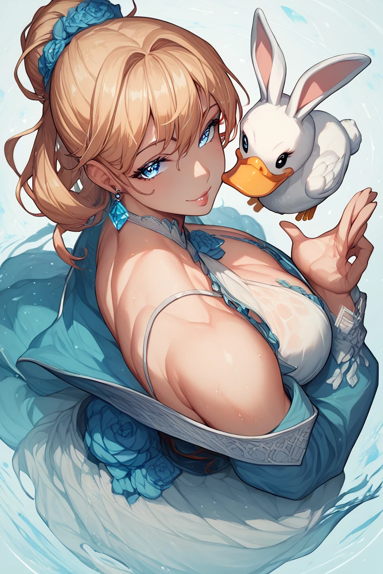 1 woman, beautiful eyes, ธีมrabbitขาวsexy, hentai,  full body only,  fantasy background, rabbit, Put on a duck print stretch