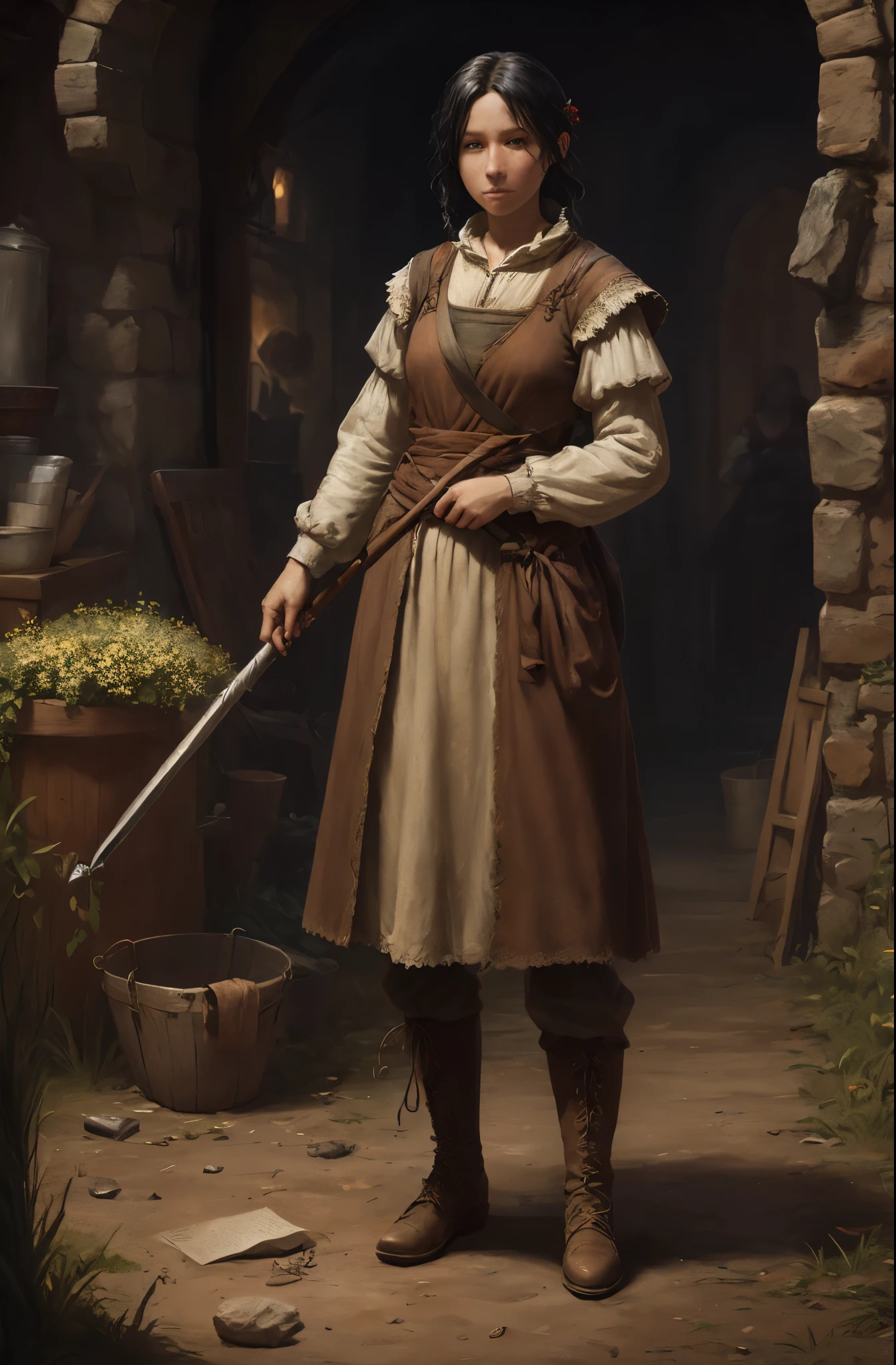  Full body writing all over , rpg, JRG Character, Villager, middle ages, farmer, Mob, Character portrait,  black hair,  all back, Featureless face, woman