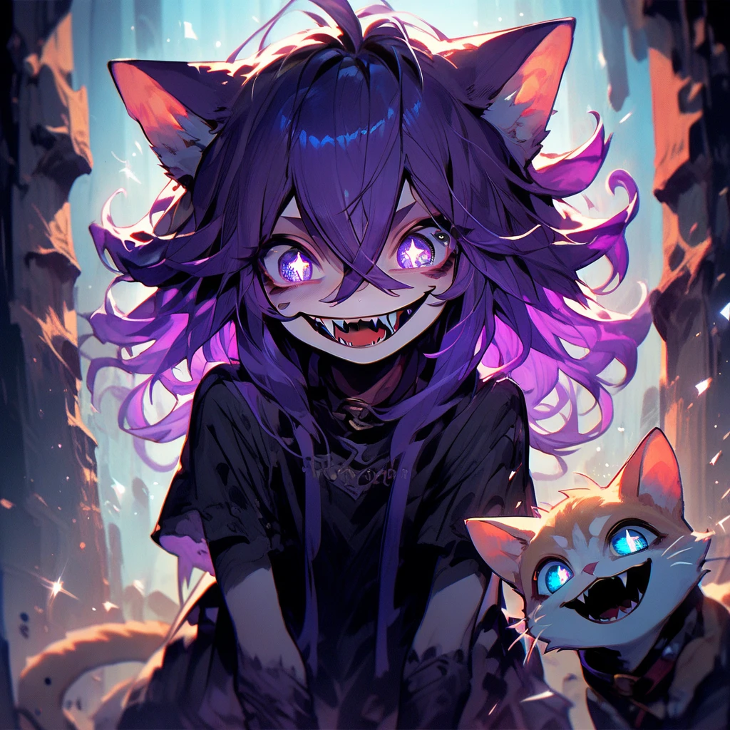 1 Girl, Cute girl, crazy的, crazy, MADStyle,  sparkling eyes, abyss，Shiba County Cat，Monster girl with fangs， purple hair， blue-purple eyes，Cat