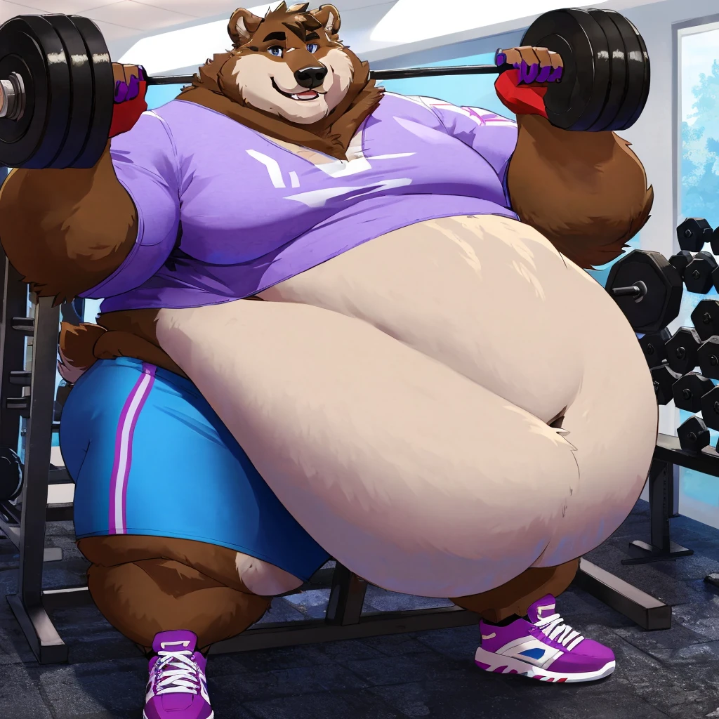 Extremely Obese brown Grizzly Bear with unbelievably Extremely Massive Overhang white belly, Wearing blue shorts, Wears black sneakers, effortlessly picks up heavy dumbbell at the Gym, Massive belly, smiling, Looking at viewer. 