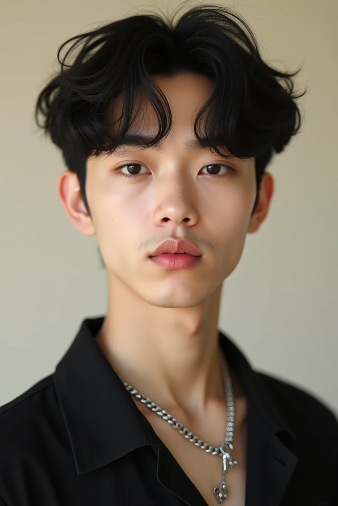 Close-up portrait of a young man (ethnicity:East Asian, age:1.1), (facial features:1.3), (expression:1.2), (detailed clothing:1.2), (accessories:1.1), (body type:1.1), (pose:1.2) , with short, wavy black hair, light skin, and rosy-pink lipstick.  He's wearing a black collared top and a silver chain necklace with a small pendant.  He's looking directly at the viewer.  The background is a plain light beige or cream color. The lighting is soft and diffused, creating subtle highlights and shadows on the face and body.  Photorealistic style,  high detail, sharp focus, slightly soft lighting, detailed skin texture, (detailed hair:1.3), (detailed expression:1.2), (clothing texture:1.1)  portrait, studio shot, natural lighting, soft focus background.