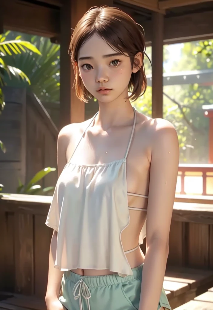 Ultra High Resolution, (fully grown adult), (around 20 yr), (Realistic: 1.4), RAW Photo, Best Quality, (Photorealistic), Focus, Soft Light, ((Japanese)), (Front, Young Face))), (Depth of Field), (One Piece), Masterpiece, (Photoreal), Woman, Bangs, ((bandeau top)), ((shorts)), ((1 Girl)), ((standing)), ((full upper body shot))