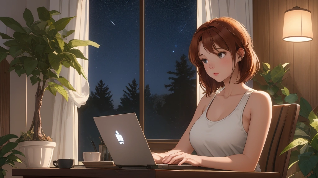 "A cozy indoor evening scene featuring A woman short auburn hair with big breasts, sitting at a wooden desk. She is wearing a black tank top and typing on a sleek laptop with a glowing logo, illuminated by the warm light of a desk lamp. The workspace includes a coffee mug and a small potted plant, adding a touch of greenery. In the background, a large window reveals a dark blue night sky with faint stars and silhouettes of trees, creating a tranquil and focused atmosphere. Soft lighting highlights her relaxed yet engaged expression, with a blend of warm and natural tones throughout."
