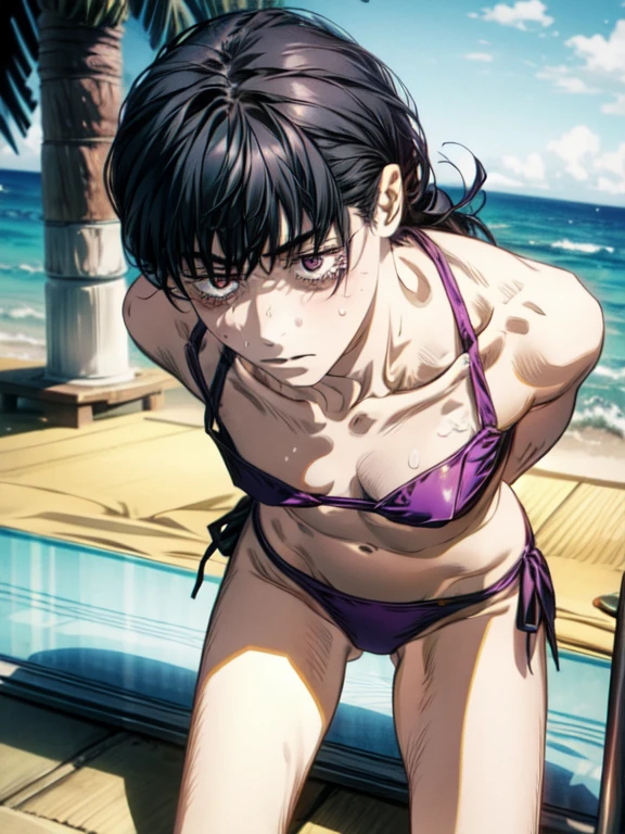 magnificent detail, high sharpness, middle community verified icons ,, short hair, bob hair flat chest, petite, frowned, anime, illustration, micro bikini, background sea