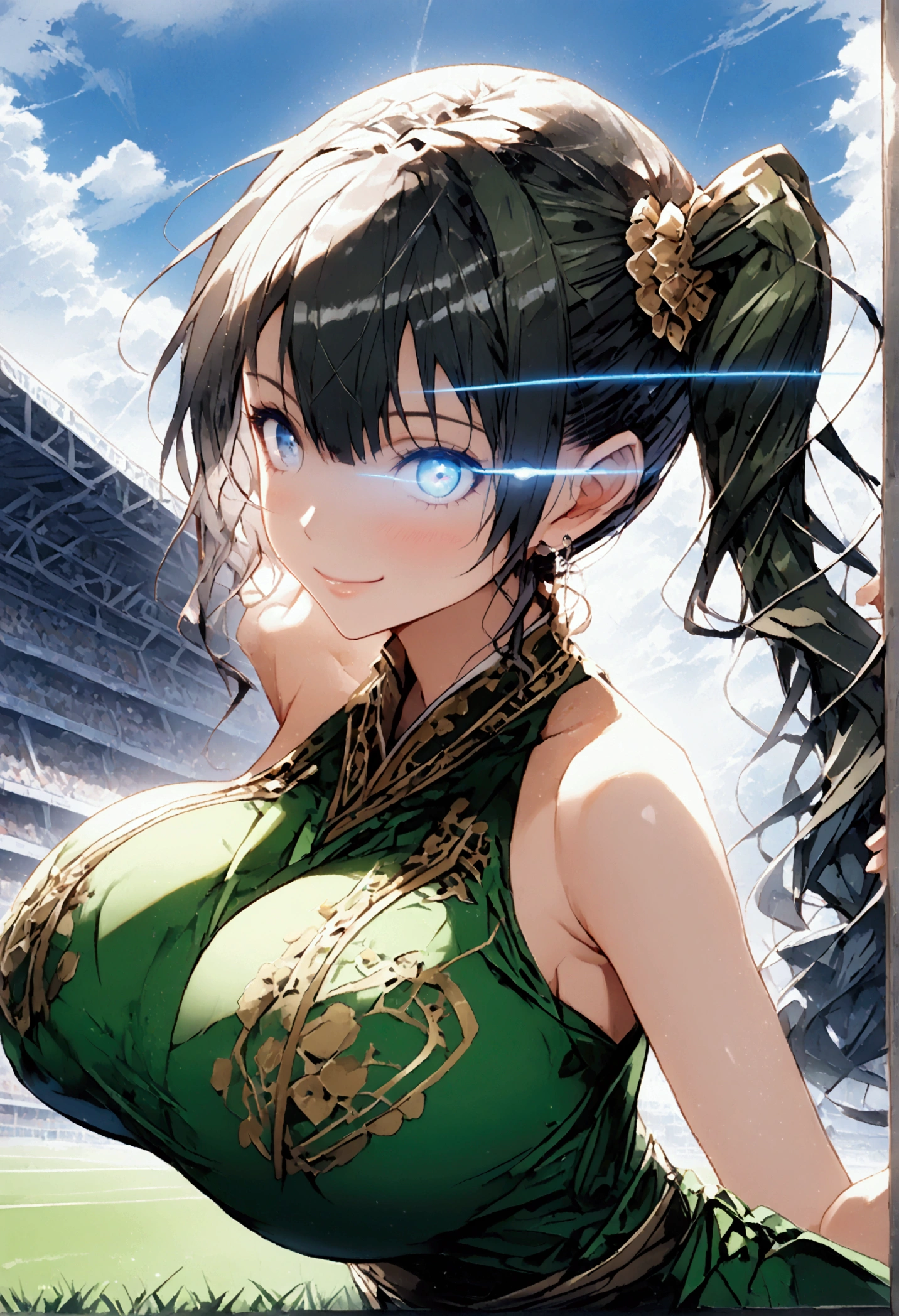 ((( Satono Crown 1   )))、(((  black hair)))、(((  side ponytail )))、((( GREEN SATONO CROWN OUTFIT )))、(((  heads&#39;ear)))、   heads's Tail、(((   Glowing Eye Trail    )))、(((smile)))、(((blue sky)))、(((Turf)))、(((Racecourse)))「  top quality、  masterpiece 、 Illustration 、   very delicate and beautiful  、 非常に  Detailsな、CG、8k wallpaper、  wonderful、   Details、  masterpiece 、最高の究極の芸術 非常に  Detailsな CG Unity 8k wallpaper」、((Big Breasts))、(( Thigh Thickness))、(   Details Delicate Hair  )、( delicate skin )、(  Detailsで繊細な顔 )、(  Detailsで繊細な手 )、(   Details and Delicate Legs  )、(   Detailsで繊細な衣装)、(  Perfect Legs )、(Perfect Arms)、(   perfect face)、(Wind and thunder )