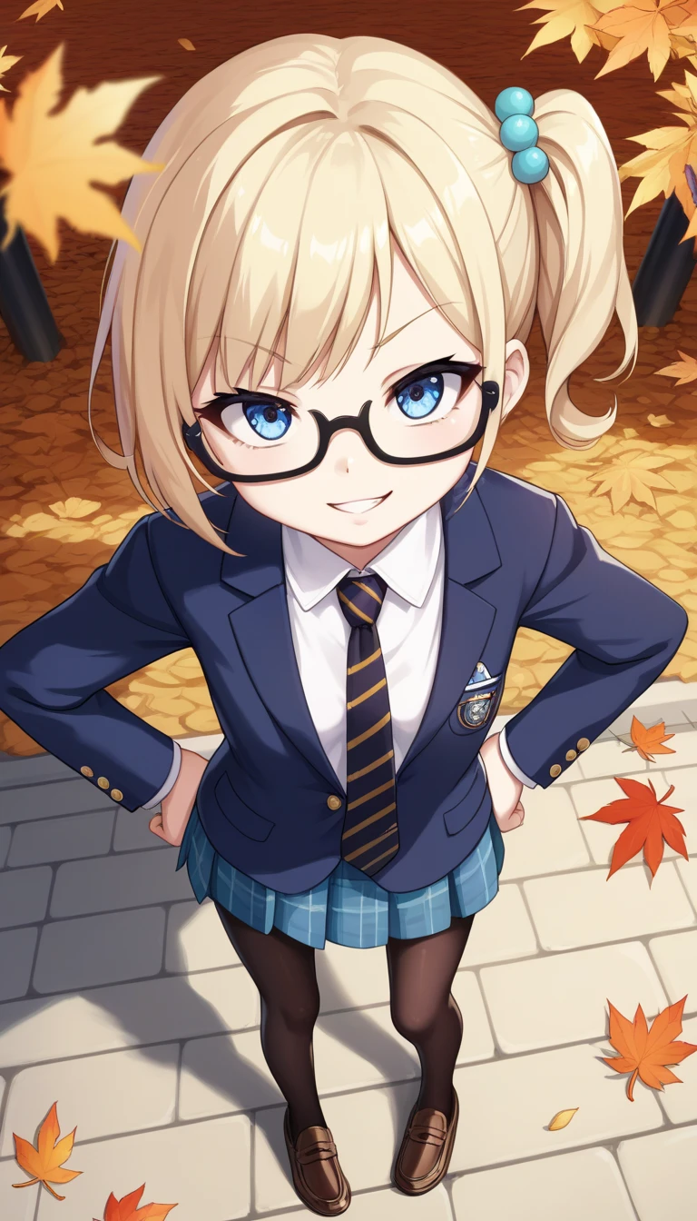 score_9, score_8_up, score_7_up,quality_masterpiece, quality_best,rating_safe,source_anime,BREAK,

1girl, loli, small breast,caucasian, pale skin,slender,side ponytail,very short hair,blonde hair,blue eyes, rosy cheeks,(black nodoka glasses),BREAK,

fur scarf,dark blue blazer, navy tartan check skirt,white button-up shirt, (black and gold striped tie),(pantyhose),(brown loafers),BREAK,

raised eyebrow, smirk, teeth, parted lips,hands on hips,standing, legs apart,BREAK,

looking up, looking at viewer,from above, perspective, foreshortening,full body shot,standing on a lot of autumn leaves