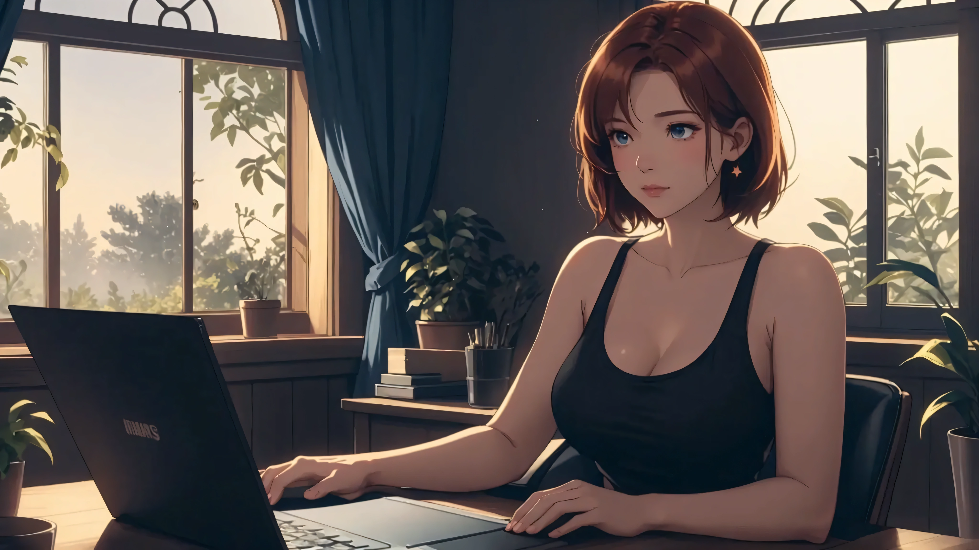 "A cozy indoor evening scene featuring A woman short auburn hair with big breasts, sitting at a wooden desk. She is wearing a black tank top and typing on a sleek laptop with a glowing logo, illuminated by the warm light of a desk lamp. The workspace includes a coffee mug and a small potted plant, adding a touch of greenery. In the background, a large window reveals a dark blue night sky with faint stars and silhouettes of trees, creating a tranquil and focused atmosphere. Soft lighting highlights her relaxed yet engaged expression, with a blend of warm and natural tones throughout."
