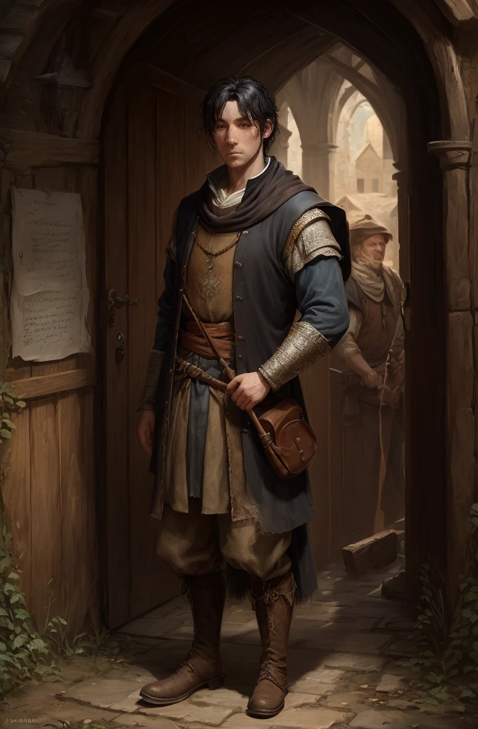  Full body writing all over , rpg, JRG Character, Villager, middle ages, farmer, Mob, Character portrait,  black hair,  all back, Featureless face, woman