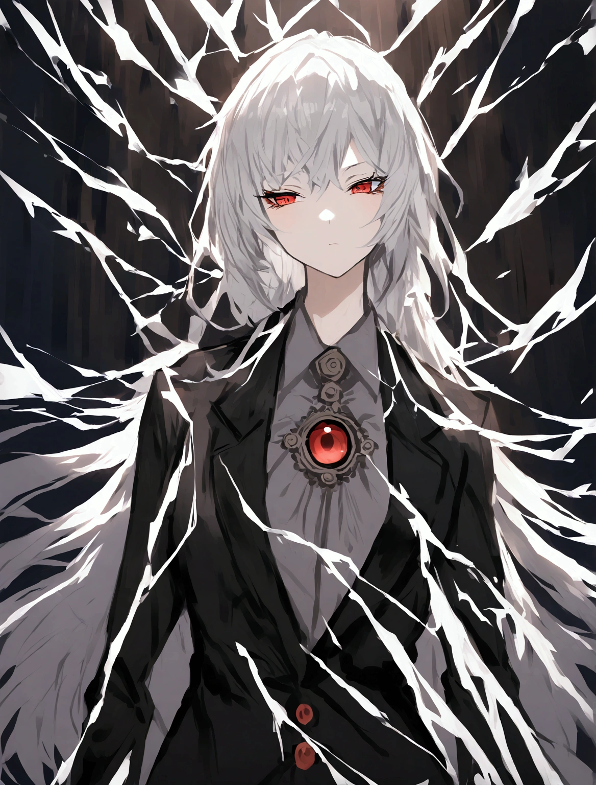 Long white hair, red eyes, wearing a black suit 