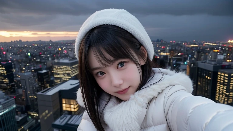 winter, observation deck on skycraper of Tokyo, at dusk, sunset, look down gorgeous cityscape, dressed in fluffy warm winter fashion, neat fashion, clean appearance, tilt head forward, fidgeting, expression of heart is pounding with tension, blushing, flirting, a big smile, short length hair, shiny black hair, hair fluttering in the wind, beautiful white-colored translucent skin, slendar figure, cold and shivering, took a selfie together, reached out her hand towards me, {realistic}, {cinematic}, {photogenic}