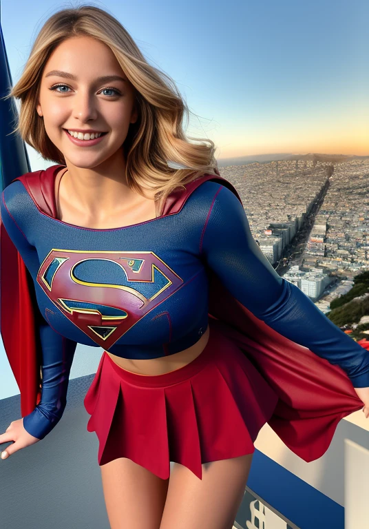 create an image of an attractive 22 year old girl, sexy, blue eyes, es Supergirl, hermosa Supergirl capa roja con botas rojas, blue top,  short skirt , sensual Supergirl, Superman , floating in the air smiling, is flying over a suspension bridge where cars pass, in San Francisco, Athletic blonde, Supergirl,  pretty legs . Summer sunset.