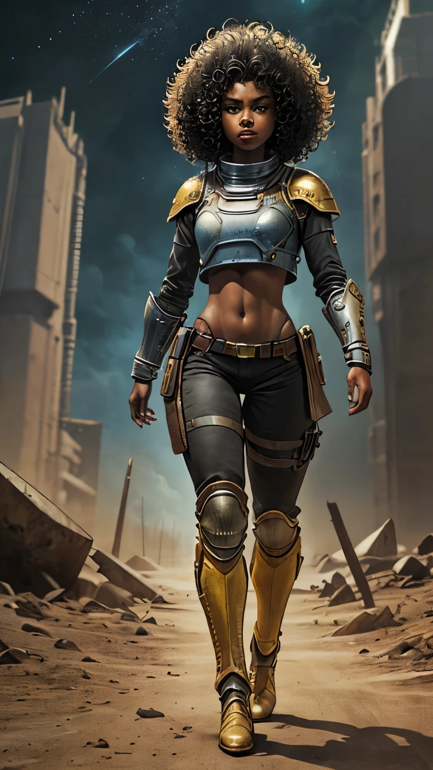 ((art in druuna comic style, sci-fi, black girl, sci-fi, cute, solo, petite body, black skin, thick curly hair, yellow eyes, black girl, short stature, full body, armor top, full body)), sci-fi setting, druuna setting, sci-fi setting designed by paolo eleuteri serpieri, nasa-punk style, starfield theme, high quality, masterpiece, 8k, hqr, intricate details, highly detailed