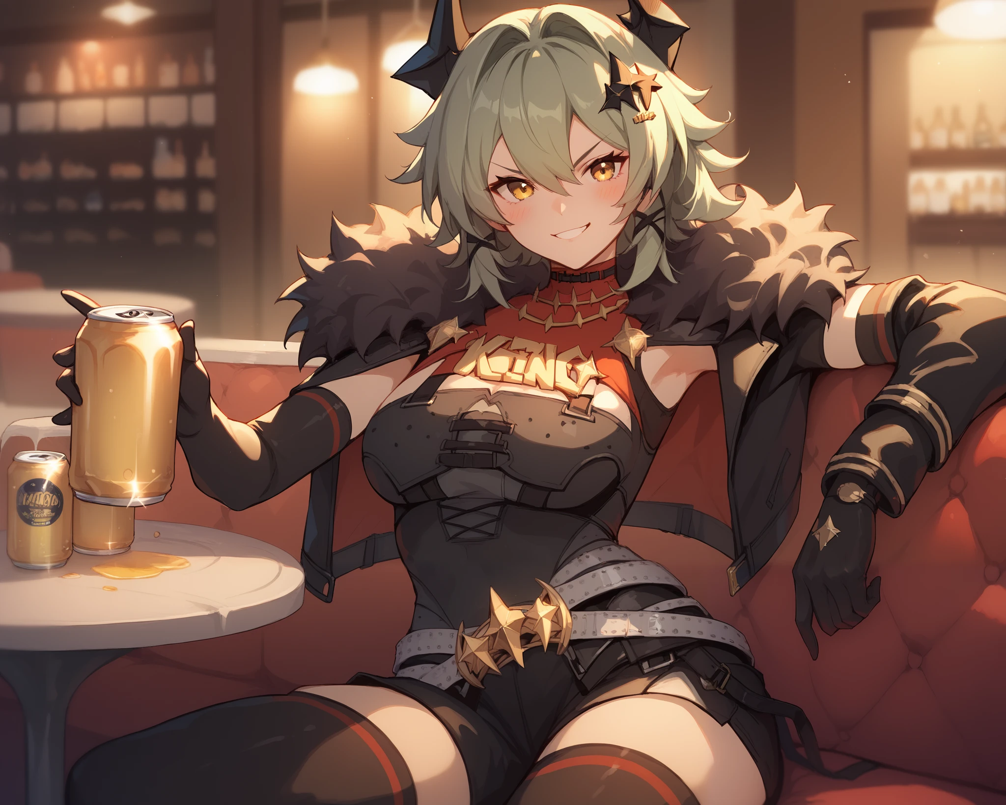 best quality, solo, 1girl, caesar king, green hair, short hair, hair between eyes, sidelocks , yellow eyes, hair intakes, v-shaped eyebrows, black gloves, black shorts, black shirt, black thighhighs, gloves, black skirt, grey belt, fur-trimmed jacket, elbow gloves, fur trim, hair ornament, open jacket, emblem, black horns, sitting, restaurant, holding a beer can, blush, smiling, looking at viewer