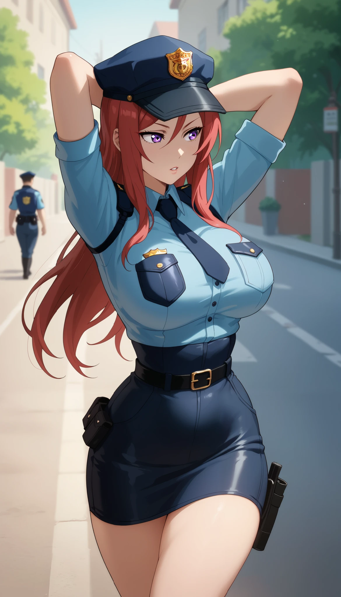 Female, Curvy body shape, Red hair, Bold geometric design, nishikino maki, sexual and bold posture, Outdoors, RUKIA Style,long hair, purple eyes,,seductive face,thin torso, narrow waist, police clothes,short skintight skirt, police cap,long girl, big breasts, parted lips, arms up behind head, looking away, impossible clothes, walking,cel shading