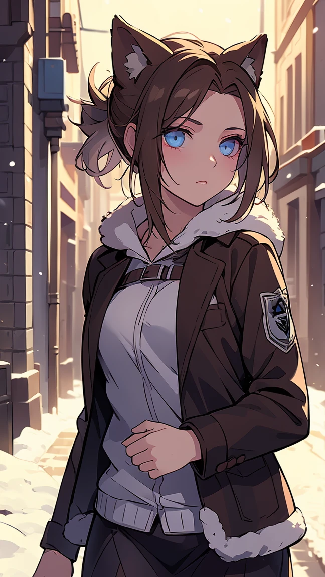 Woman,alone,jacket,skirt,winter,mink collar, snow,city,night,street,neon lights,Very details,top quality, high precision,beautiful lighting,high precision,detailed skin,very detailed,faces and detailed eyes,realistic eyes,cowboy shot
