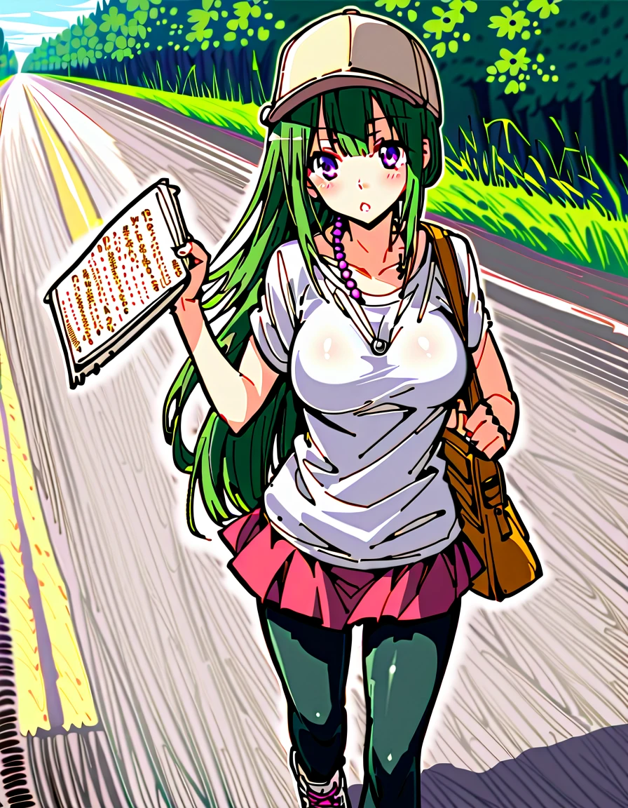 GREEN HAIR, SWEPT BANGS, LONG HAIR, YELLOW EYES, , large breasts, solo, nsfw, nipple, ride a bicycle 山