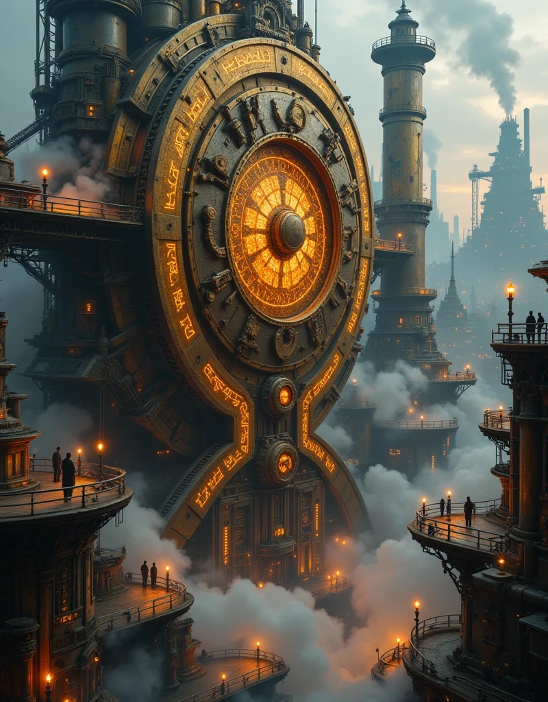 A colossal steampunk energy core housed at the center of a vast, industrial cityscape,an intricate fusion of massive golden gears, interlocking cogs, and pulsating pipes, radiating a soft orange and copper glow,steam billows out of vents, and luminescent tubes filled with bubbling liquid snake across its surface, resembling veins,the core is suspended by towering metallic beams and chains, with a rotating clock-like interface at its center, surrounding the heart are layers of catwalks, shadowed by the rising steam, while industrial workers in Victorian-style steampunk attire monitor the operations,the atmosphere is heavy with smoke, steam, and the rhythmic hum of machinery, evoking a sense of awe and danger,the cityscape in the background is filled with towering smokestacks, airships, and glowing street lamps piercing through the haze,intricate mechanical gears,detailed machinery, complex gears and pipes, glowing energy conduits, steam-powered technology,grungy textures,cinematic lighting,cinematic composition,photorealistic, 8k, highly detailed, masterpiece,best quality, concept art style