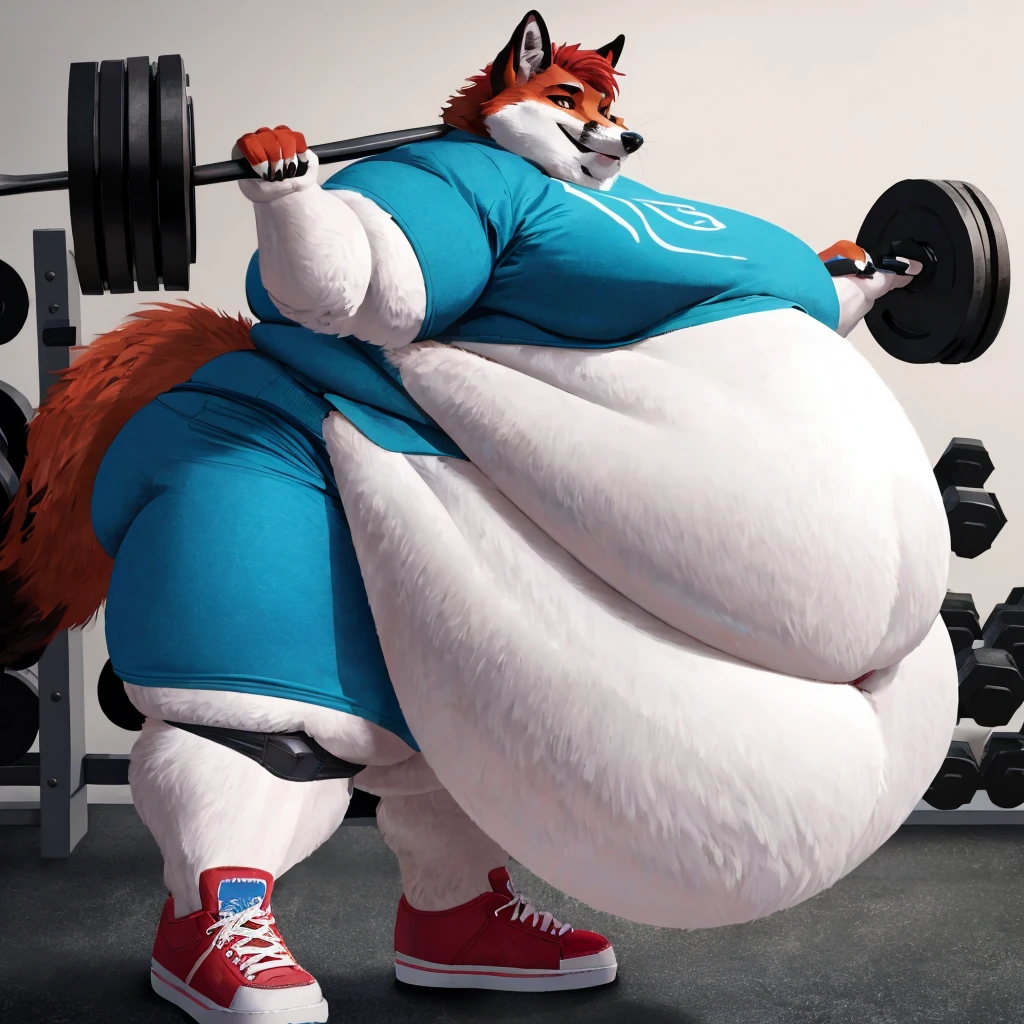 Extremely Obese Fox with unbelievably Extremely Massive Overhang white belly, Wearing blue shorts, Wears sneakers, effortlessly picks up heavy dumbbell at the Gym, Massive belly, smiling, Looking at viewer, side view