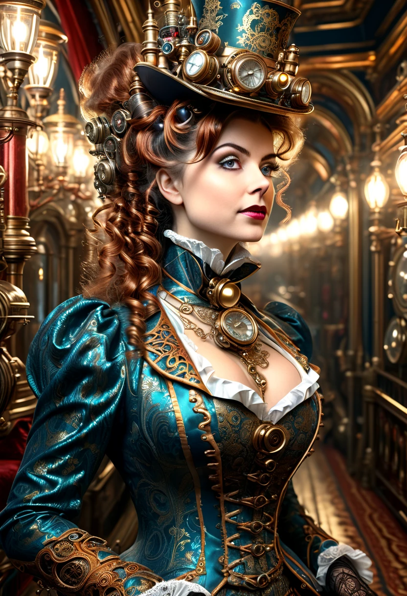 Steampunk victorian Christmas. Ultra HD, Rococo-Inspired Fantasy Art With Intricate Details. photorealistic, photography, path tracing, specular lighting, volumetric face light, path traced hairmaximum quality{(masutepiece) (8K High Resolution) (top-quality).
