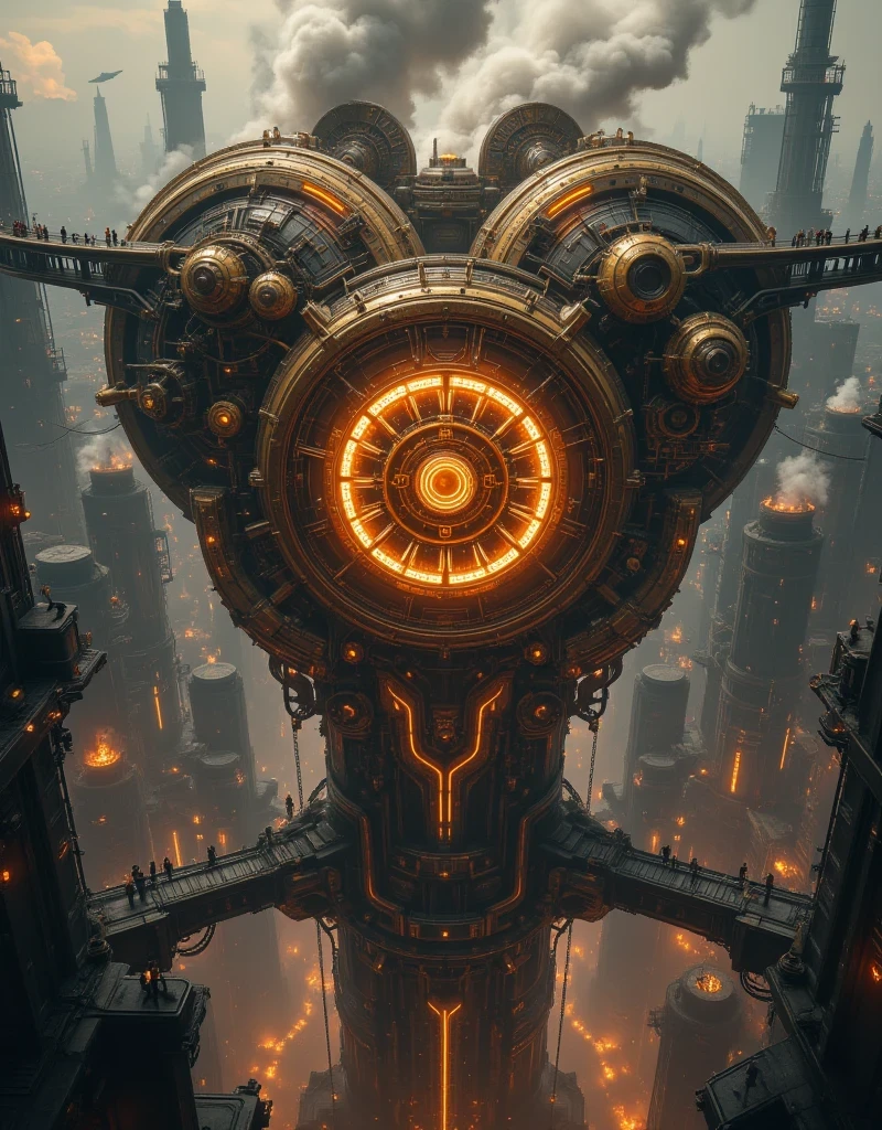 A colossal steampunk energy core housed at the center of a vast, industrial cityscape,an intricate fusion of massive golden gears, interlocking cogs, and pulsating pipes, radiating a soft orange and copper glow,steam billows out of vents, and luminescent tubes filled with bubbling liquid snake across its surface, resembling veins,the core is suspended by towering metallic beams and chains, with a rotating clock-like interface at its center, surrounding the heart are layers of catwalks, shadowed by the rising steam, while industrial workers in Victorian-style steampunk attire monitor the operations,the atmosphere is heavy with smoke, steam, and the rhythmic hum of machinery, evoking a sense of awe and danger,the cityscape in the background is filled with towering smokestacks, airships, and glowing street lamps piercing through the haze,intricate mechanical gears,detailed machinery, complex gears and pipes, glowing energy conduits, steam-powered technology,grungy textures,cinematic lighting,cinematic composition,photorealistic, 8k, highly detailed, masterpiece,best quality, concept art style