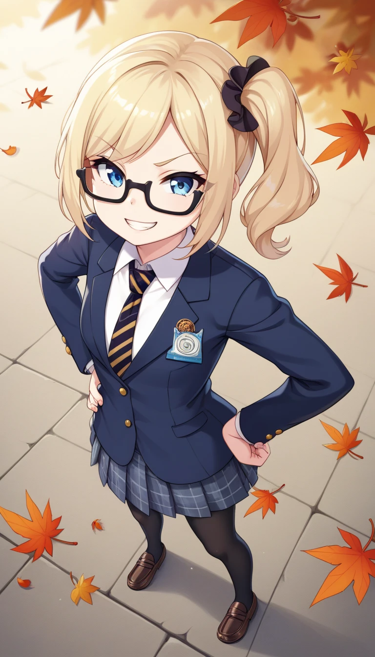 score_9, score_8_up, score_7_up,quality_masterpiece, quality_best,rating_safe,source_anime,BREAK,

1girl, loli, small breast,caucasian, pale skin,slender,side ponytail,very short hair,blonde hair,blue eyes, rosy cheeks,(black nodoka glasses),BREAK,

fur scarf,dark blue blazer, navy tartan check skirt,white button-up shirt, (black and gold striped tie),(pantyhose),(brown loafers),BREAK,

raised eyebrow, smirk, teeth, parted lips,hands on hips,standing, legs apart,BREAK,

looking up, looking at viewer,from above, perspective, foreshortening,full body shot,standing on a lot of autumn leaves