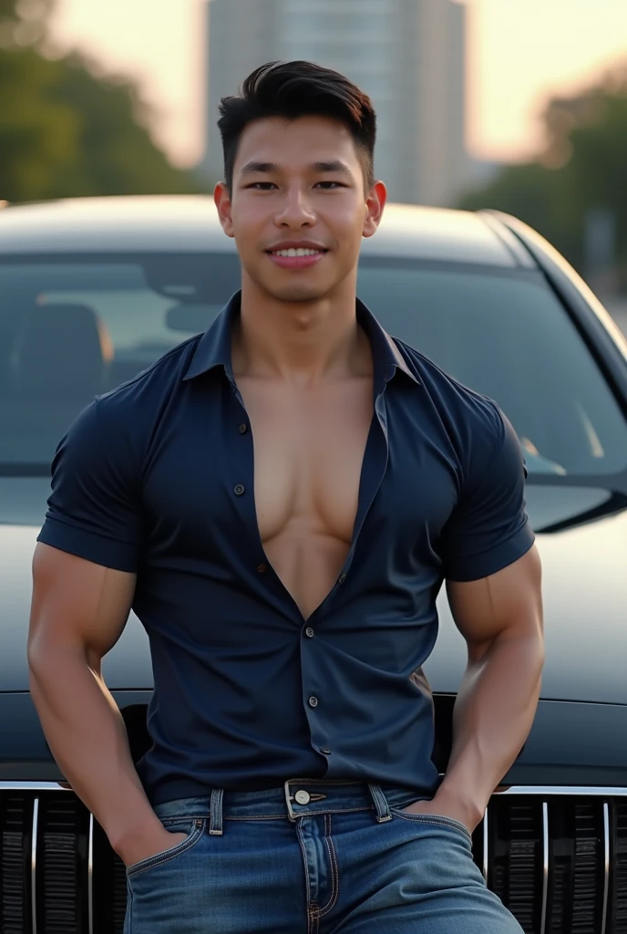 beautiful adult Indonesian college guy, hairy chest, pubic hair, wearing clear glasses, facial hair, military crew cut, wearing a workshop clothes, in tight black outfit, open shirt, wearing black jeans, inside the garage, Wearing a baseball's hat, cute smiling expression, ((slim, muscular v-shaped body)), detailed arms and fingers, hairy arms, with body full of oil, photorealistic, photo, masterpiece, realistic, realism, photorealism, high contrast, photorealistic digital art trending on Artstation 8k HD high definition detailed realistic, detailed, skin texture, hyper detailed, realistic skin texture, armature, best quality, ultra high res, (photorealistic:1.4),, high resolution, detailed, raw photo, sharp re, by lee jeffries nikon d850 film stock photograph 4 kodak portra 400 camera f1.6 lens rich colors hyper realistic lifelike texture dramatic lighting unrealengine trending on artstation cinestill 800,