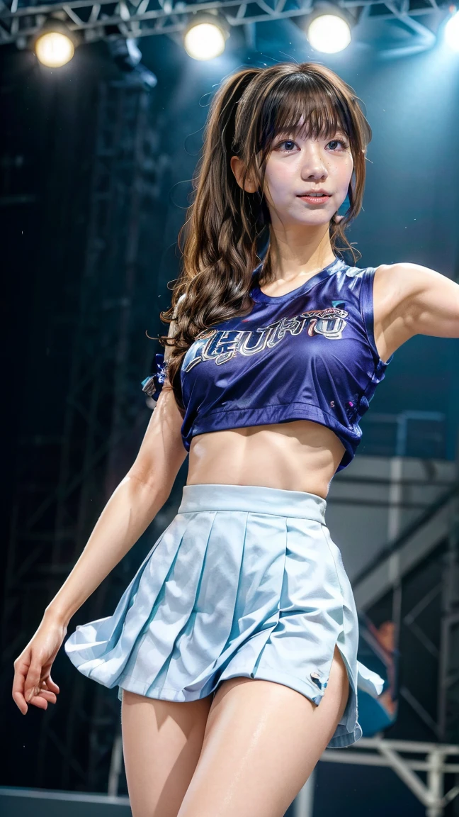 Raw photo、A girl stands on a large raised stage、big breasts、concert venue、singing and dancing)bright smile(17 year old girl、small face、very beautiful face、idol makeup)(((super fair skin、Whitening skin、pure white skin))) realistic skin(sparkling eyes)big breasts、thin waist、long legs、big ass (brown hair、straight hair to shoulders、hair behind ears、beautiful hair、smooth hair)She performs a solo on stage(((Kunoichi、Ninja costume with detailed, beautiful and colorful patterns、超big breasts))))Ninja house background((The atmosphere is colorful concert lights,Upper Light、 Create a seductive glow around her))Her adorable look、shot from below、full body description