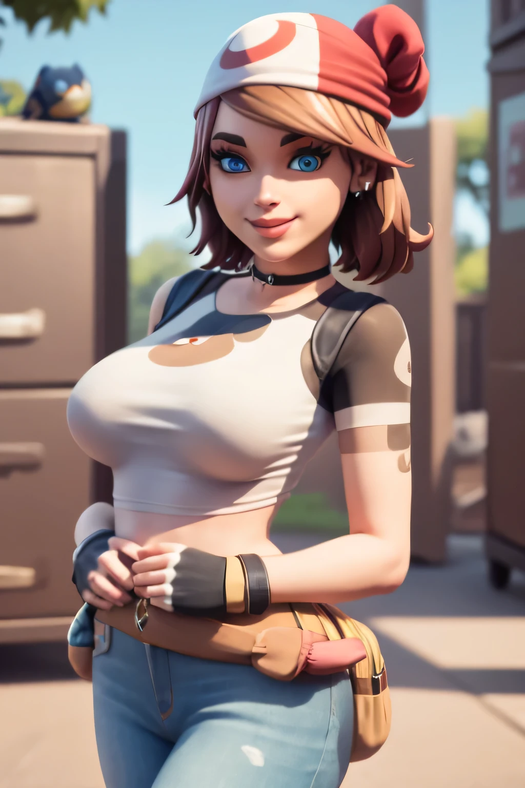 (8K,  best quality , masterpiece:1.2), ( realistic , photo- realistic :1.37), (Fortnite), Skye,  ultra detailed ,  a girl,beautiful, Alone, , beautiful detailed blue eyes ,  medium wavy hair , Standing in a locker room, ,  smiling,  looking at the spectator, , light brown hair, pink lips, blackstick lips,  full view of the body, , full body shot, red hat, , ,  Not suitable for work , choker, yellow shirt,  denim jacket , Long dark leggings ,  back view ,   big ass, Fusion, Pokémon、、big tits milf、big tits milf、big tits milf、big tits milf、haruka、can、 \(Pokémon\)、forest、luz、Alone、 gunman shot 、are standing、 looking at the camera 、smile、 Open your mouth、 hand on waist、 hand on thigh 、red bandana、shirt、 bike shorts、Gloves、fanny pack、  long hair ,  High resolution, smile,  blue eyes ,  big breasts, 