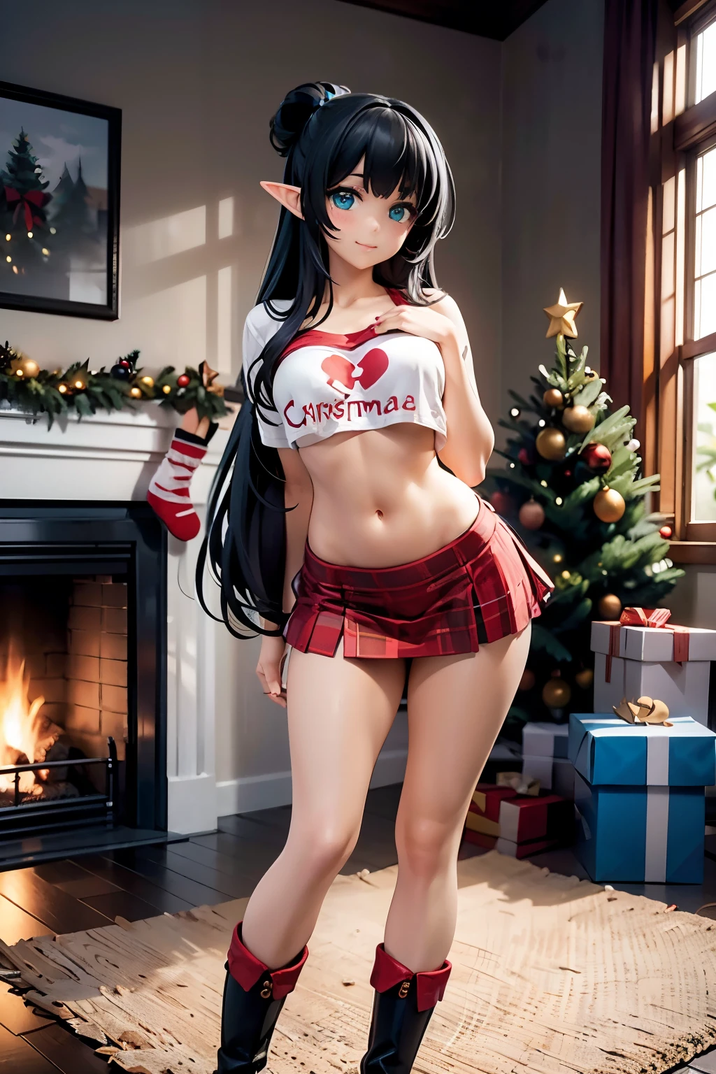 Detailed image, realistic image, 1 elf, with very long hair, black hair, combed in a heart-shaped bun, turquoise eyes, has a curvy body, medium breasts, is smiling, blushing. She is wearing a Christmas T-shirt, showing her belly button, Christmas plaid pleated mini skirt, stocking to mid-thigh, boots with heels. She is posing next to a Christmas tree, surrounded by gifts, inside a living room with a fireplace, natural lighting. warm lighting