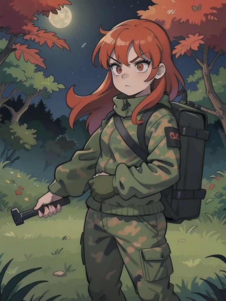 A girl with red hair with menacing eyes, with a camouflage jacket, camouflage balaclava,  tactical gloves , with a tactical backpack , camouflage with pants and army boots , , a girl with red hair with menacing eyes quickly leaves home at night into the forest 