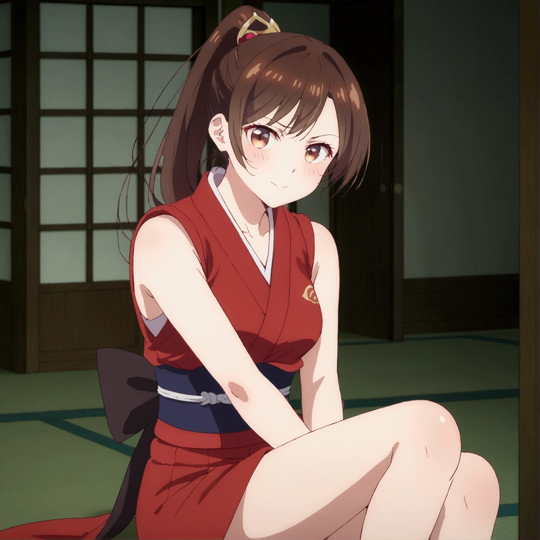 ChizuruIchinose,1girl,brown hair,high_ponytail,brown eyes, ninja,short_kimono,red costume,sleeveless, Sit, Room, Displeased face, Beautiful view, good atmosphere