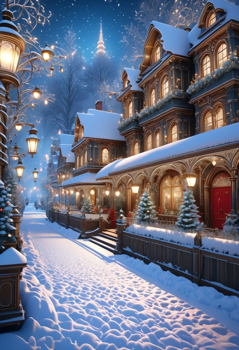 .Steampunk victorian Christmas. Snowy village. lights, trees. Ultra HD, Rococo-Inspired Fantasy Art With Intricate Details. Cute, Charming Expression, Alluring-Gaze, looking at viewer Beautiful Eyes, , photorealistic, photography, path tracing, specular lighting, volumetric face light, path traced hairmaximum quality{(masutepiece) (8K High Resolution) (top-quality).