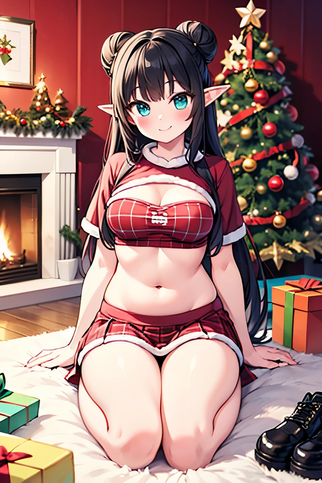 Detailed image, realistic image, 1 elf, with very long hair, black hair, combed in a heart-shaped bun, turquoise eyes, has a curvy body, medium breasts, is smiling, blushing. She is wearing a Christmas T-shirt, showing her belly button, Christmas plaid pleated mini skirt, stocking to mid-thigh, boots with heels. She is posing next to a Christmas tree, surrounded by gifts, inside a living room with a fireplace, natural lighting. warm lighting