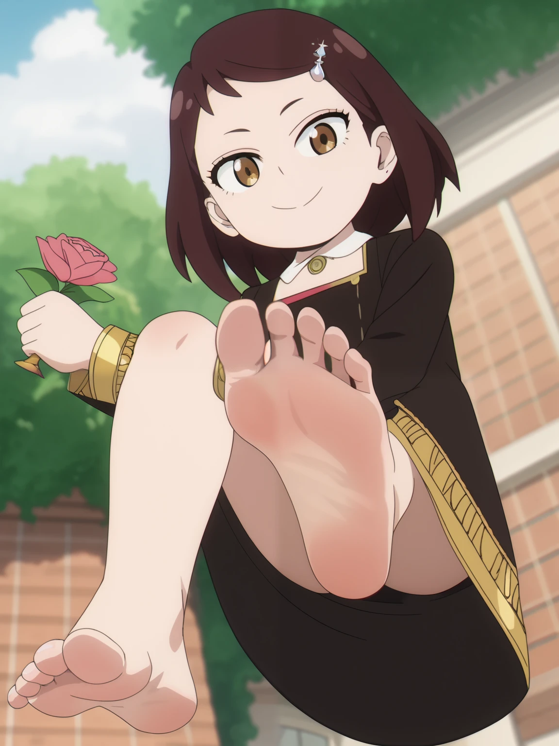 score_9, score_8_up,source_anime,
1girl, Spy x Family, Becky Beckbell, alone, looking at viewer, cowboy shot, anime screencap, anime coloring，barefoot，Perfect feet，Anatomically correct，soles，low angle，Focal length 35mm, Five toes，front，Symmetrical Soles，Foot Focus, in a garden, floating, lifting legs to show her soles, flirty gaze, flirty smile,
