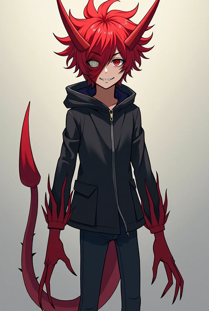 Create a thin male character with short red hair, white eyes, sharp teeth, a long tongue sticking out, green saliva,without a shirt with bones on his body,with black creatures with claws and sharp teeth wrapped in the scenery, anime style