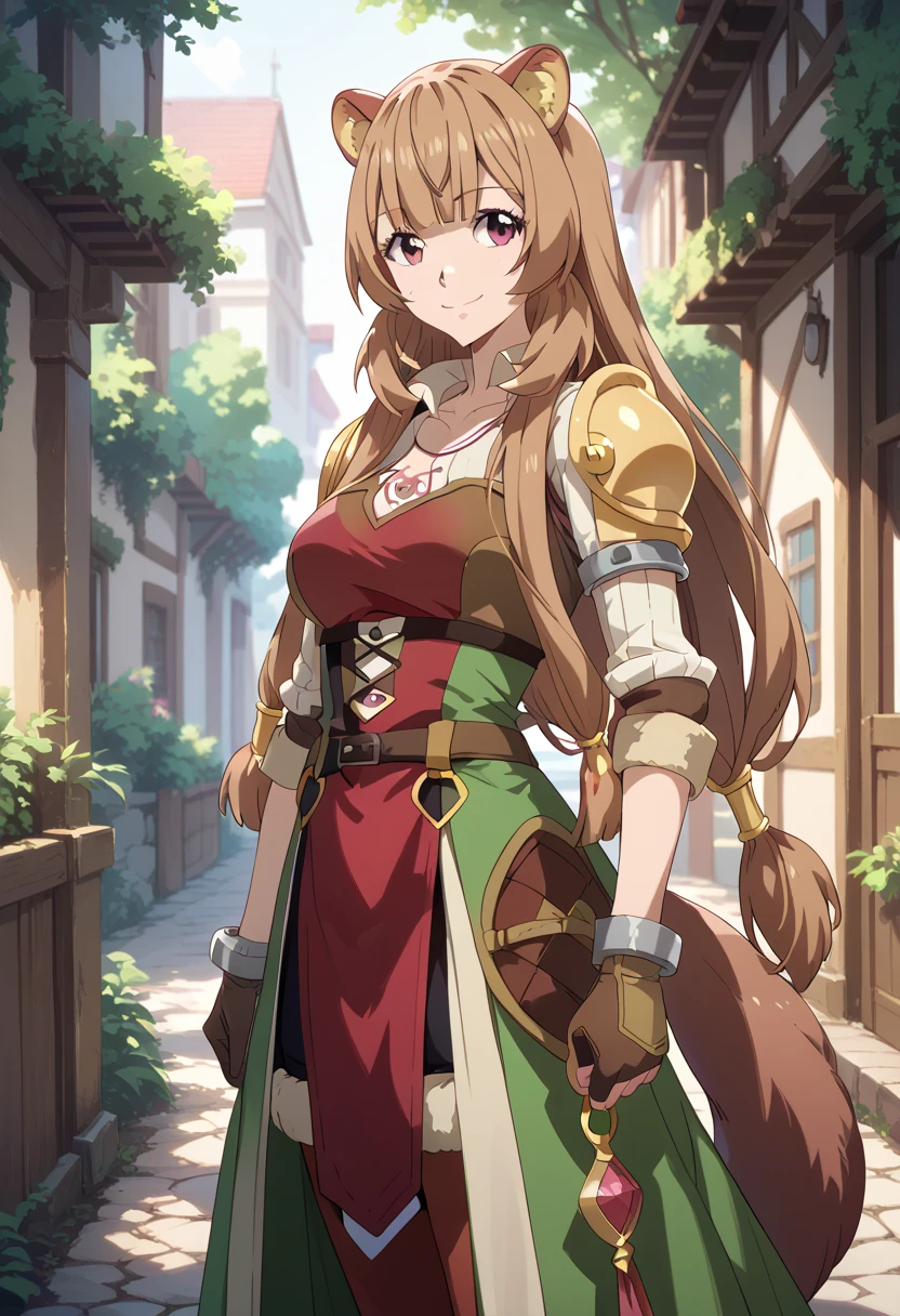 ((masterpiece)), anime lighting, Fairy tail art style, 1girl, solo, very long hair, Raphtalia, pink eyes, brown hair, brown raccoon ears, brown raccoon tail, standing, kind smile, shoulder armor, Red outfit, green outfit.