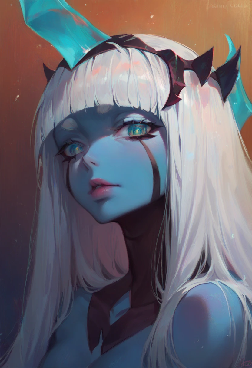 score_9, score_8_up, score_7_up, source_anime, masterpiece, perfectly detailed, detailed face, detailed eyes, beautiful eyes, Klaxosaur Princess, 001 (darling in the franxx), zero one (darling in the franxx), 1girl, horns, long hair, colored skin, looking at viewer, white hair, closed mouth, upper body, blunt bangs,Butcha,score_9_up