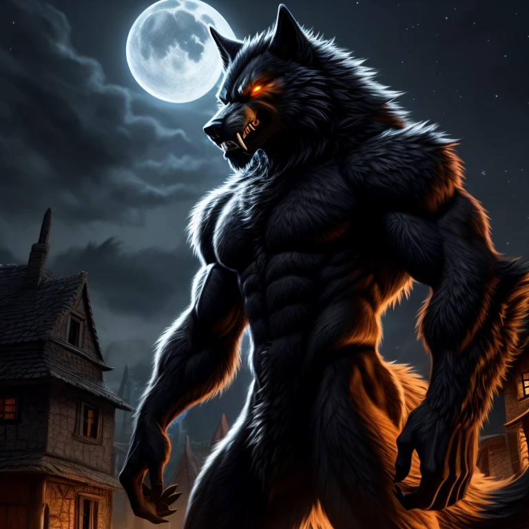 50 meter huge werewolf with a detailed black furred body and amber glowing eyes with, snarling, fangs, wolf tail, slim belly, towering over the houses of a village, night time, portrait with shoulders and chest, semi side angle,