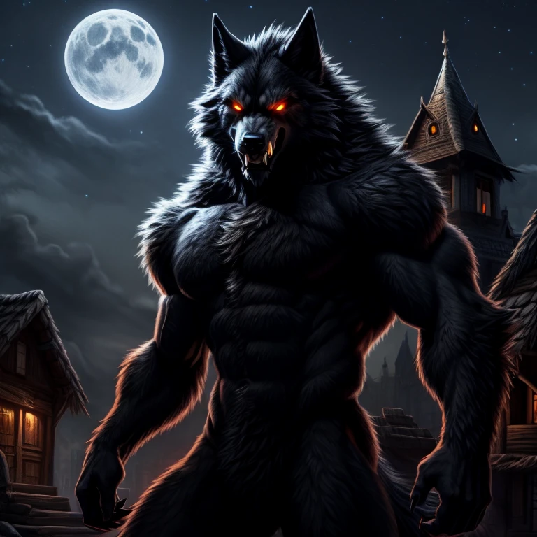 50 meter huge werewolf with a detailed black furred body and amber glowing eyes with, snarling, fangs, wolf tail, slim belly, towering over the houses of a village, night time, portrait with shoulders and chest, semi side angle,