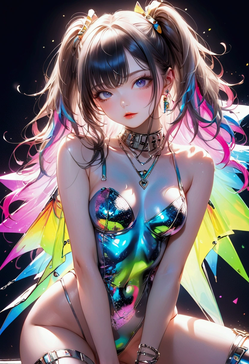1girl,solo,cool,cleavage,fantastic,neon,brilliant,she has a wing,butterfly tattoo on her chest,in darkness,blue and black and purple