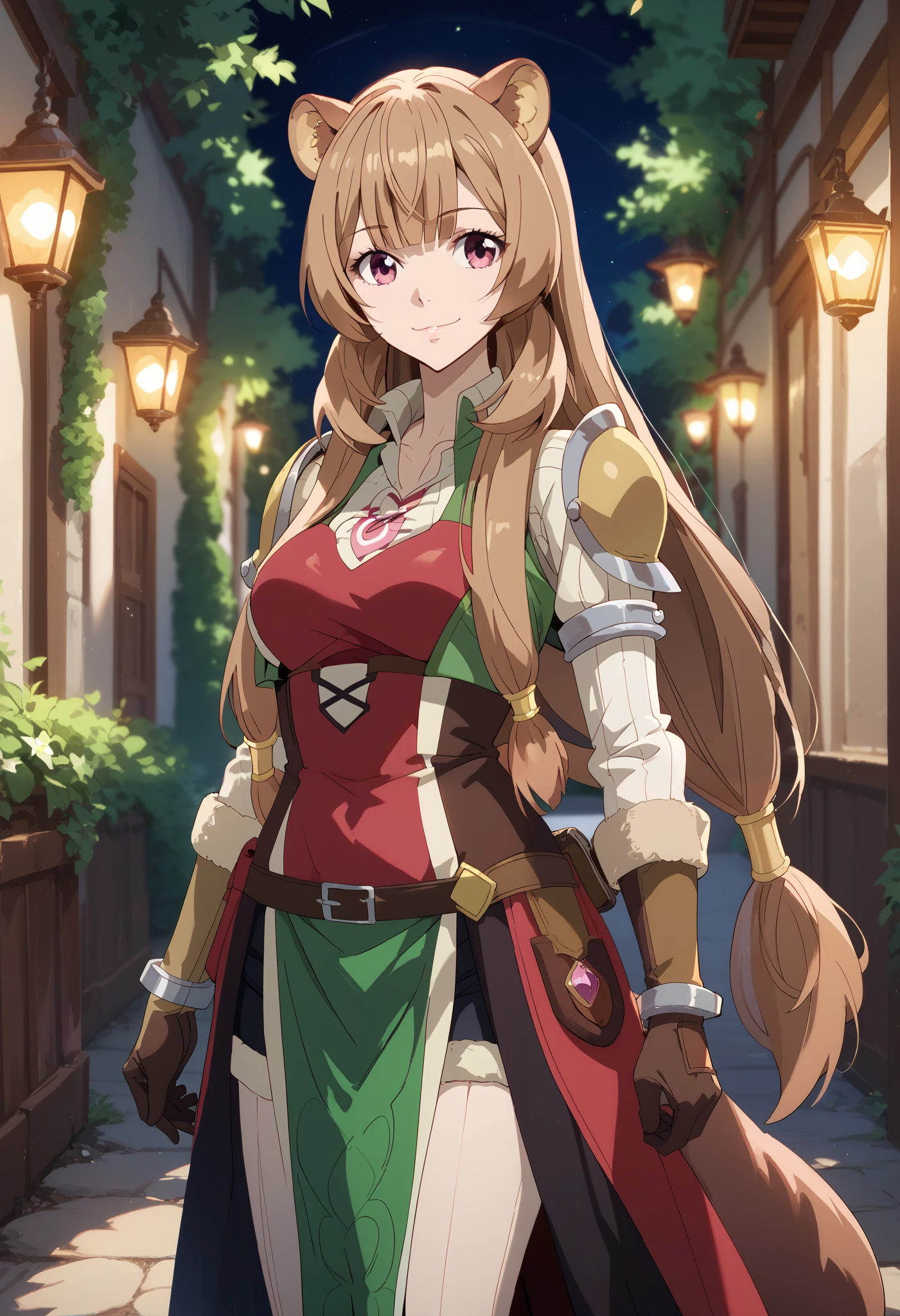 ((masterpiece)), anime lighting, Fairy tail art style, 1girl, solo, very long hair, Raphtalia, pink eyes, brown hair, brown raccoon ears, brown raccoon tail, standing, kind smile, shoulder armor, Red outfit, green outfit.