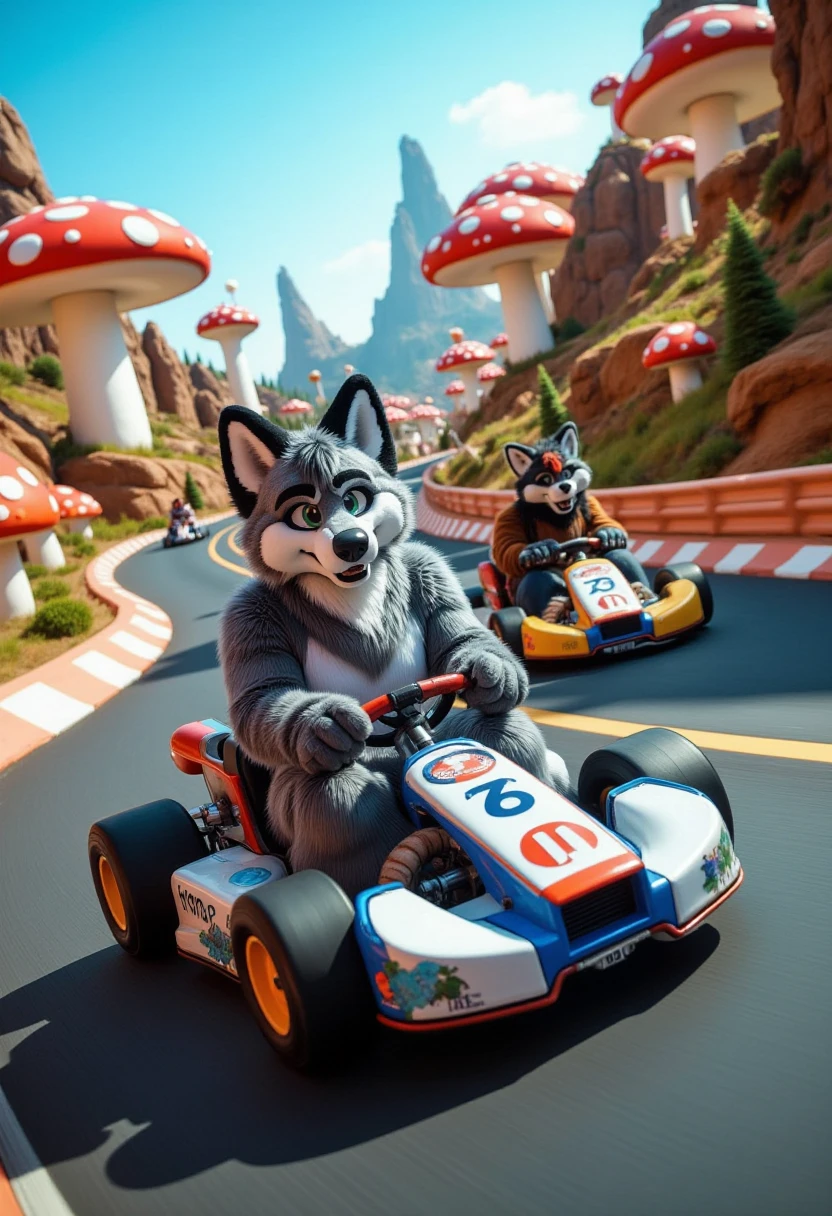 highly detailed 3D artwork in the style of Mario Kart 8, featuring a fursuit wolf male, muscular, and anthropomorphic, driving a futuristic, high-tech kart in the iconic Mushroom Kingdom race track. The background is filled with vibrant, oversized mushrooms, twisting roads, and floating platforms, perfectly capturing the playful yet dynamic essence of the track. Behind the wolf, a fursuit fox male and a werewolf are racing in their own customized karts, with determined expressions and dramatic poses. The artwork incorporates cinematic realism, ultra cinematic visuals, and ultra HD 8K resolution. Every element is ultra detailed, from the wolf's fur texture and the reflections on the kart's surface to the vibrant lighting and shadows that enhance the immersive realism. The overall composition delivers a breathtaking, action-packed race scene that feels alive, blending the fantastical Mario Kart universe with lifelike artistry.