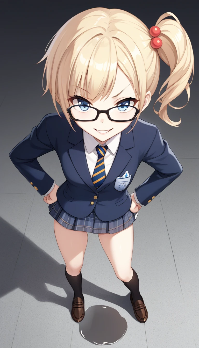 score_9, score_8_up, score_7_up,quality_masterpiece, quality_best,rating_safe,source_anime,BREAK,

1girl, loli, small breast,caucasian, pale skin,slender,side ponytail,very short hair,blonde hair,blue eyes, rosy cheeks,(black nodoka glasses),BREAK,

fur scarf,dark blue blazer, navy tartan check skirt,white button-up shirt, (black and gold striped tie),(pantyhose),(brown loafers),BREAK,

raised eyebrow, smirk, teeth, parted lips,hands on hips,standing, legs apart,BREAK,

looking up, looking at viewer,from above, perspective, foreshortening,full body shot,standing on a lot of autumn leaves