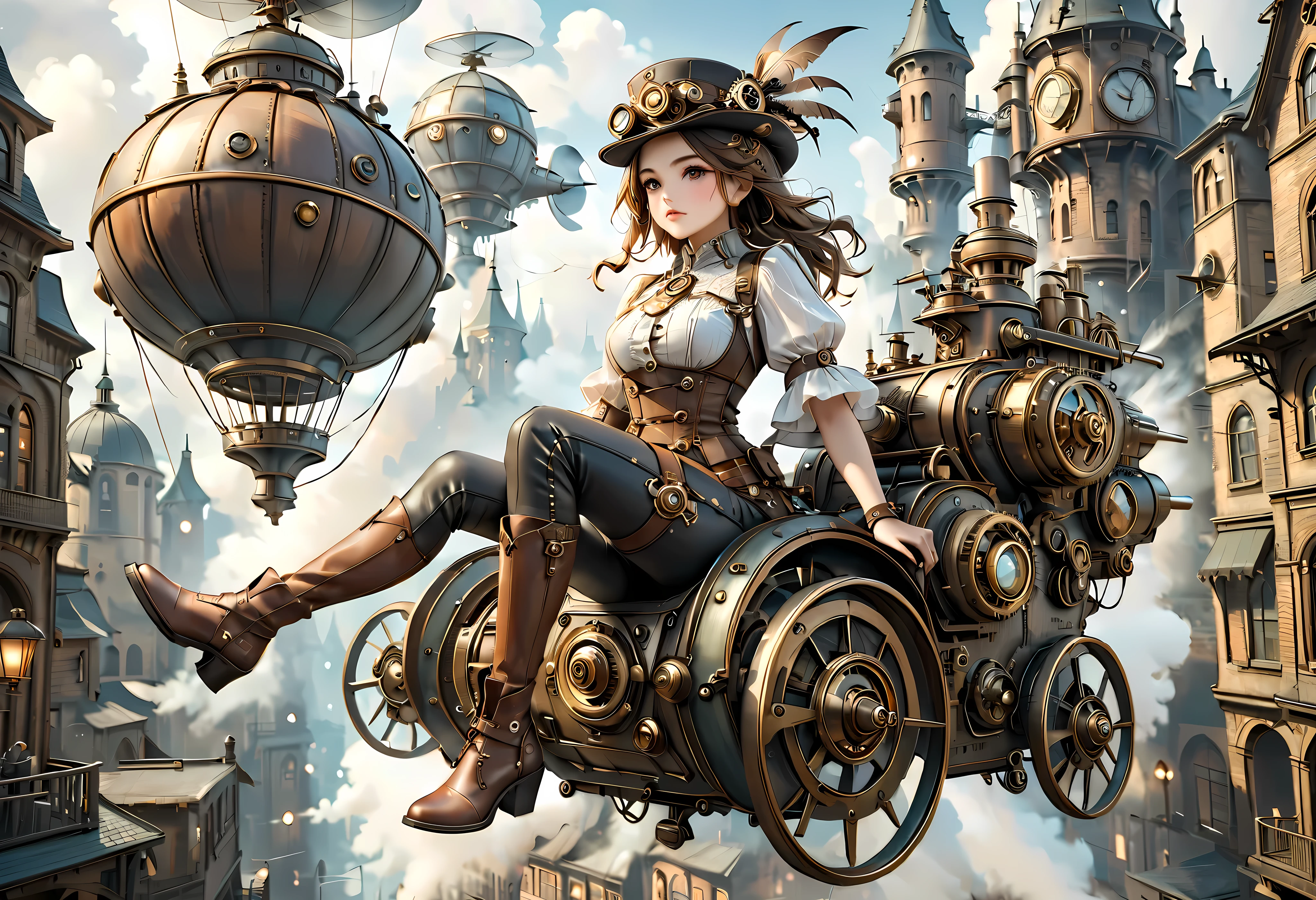 (masterpiece:1.2, highres icon:1.3, high quality:1.5, 8k), steam punk, 1woman, hat, gear, blouse, leather pants, boots, flying machine:1.5, steam city, steam