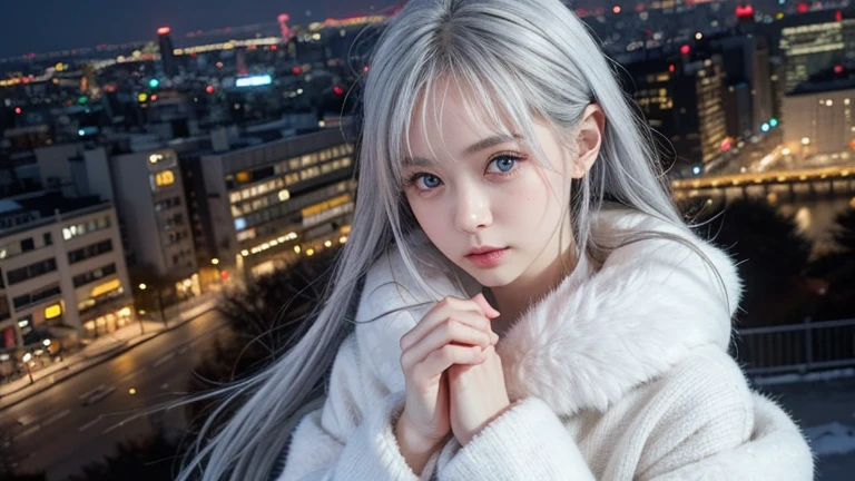 winter, urban area, Tokyo, gorgeous cityscape, amid the crowd, city shines with christmas illuminations, dressed in fluffy warm fashion, heart is pounding with tension, blushing, medium length hair, pale blue and white hair, hair fluttering in the wind, beautiful white-colored translucent skin, tall and slendar figure, skiny, adult sexiness, alluring, glossy face, shooting from above, cold and shivering, breathing onto own hands, {realistic}, {cinematic}, {photogenic}