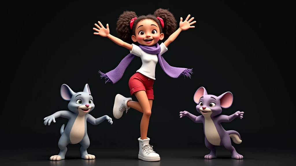 Inspired by the films on the posters of the Disney Pixar characters, create a high-resolution 3D image of a  girl, BEAUTIFUL, SENSUAL, light-skinned, curly, Afro-mixed hair, tied in two ponytails tied with red ribbons. She is wearing a lilac scarf, a white t-shirt without any print, very short red shorts, white socks and white sneakers. She makes a movement that seems to dance with two arms raised high, looking up and one of her feet raised at her side. Her two friends are a black and white French Bulldog puppy (with the predominant color black) on two paws doing the same movement on the other side. A hairless purple SpHiNx kitten with yellow eyes doing the same movement. The background is all black for cutting in png.