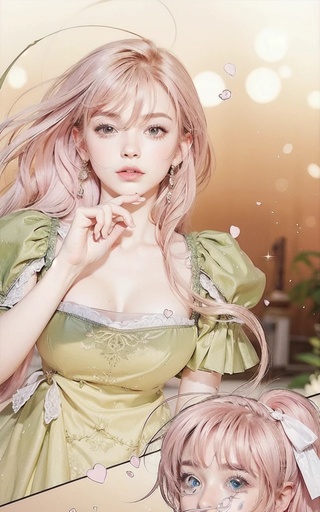 best quality, masterpiece, High target, 1 Girl, Beautiful and fashionable clothes, Hair Decorationss, necklace, Decorations, Pretty Face, When the body, Tyndall effect, Realistic Portraits, Dark Studio, Edge lighting, Two-color light, (Very delicate skin:1.2), 8K uhd, Digital SLR Camera, Soft Light, high quality, Volumetric Lighting, Honest, photo, high resolution, 4k, 8K, Bokeh, Green hair,pink hair tips, Pink Eyes.