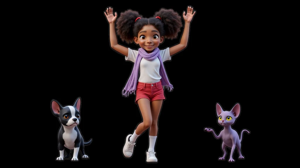 Inspired by the films on the posters of the Disney Pixar characters, create a high-resolution 3D image of a , , 12Y, , 12 Y, 12 AIDADE, girl, BEAUTIFUL, SENSUAL, light-skinned, curly, Afro-mixed hair, tied in two ponytails tied with red ribbons. She is wearing a lilac scarf, a white t-shirt without any print, very short red shorts, white socks and white sneakers. She makes a movement that seems to dance with two arms raised high, looking up and one of her feet raised at her side. Her two friends are a black and white French Bulldog puppy (with the predominant color black) on two paws doing the same movement on the other side. A hairless purple Spix kitten with yellow eyes doing the same movement. The background is all black for cutting in png.