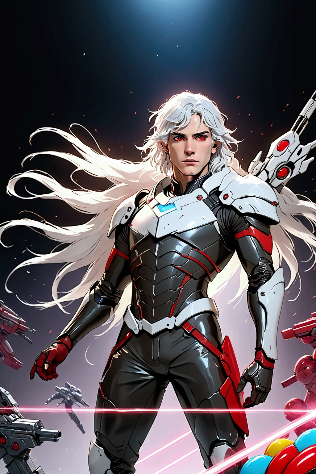 A man with wavy white hair, pale skin, and red eyes, wearing futuristic armor, standing alone surrounded by toys, (best quality,4k,8k,highres,masterpiece:1.2),ultra-detailed,(realistic,photorealistic,photo-realistic:1.37),concept art,intricate details,dramatic lighting,moody atmosphere,highly detailed face and eyes,beautiful detailed eyes,beautiful detailed lips,extremely detailed eyes and face,long eyelashes,slender body,determined expression,cinematic composition